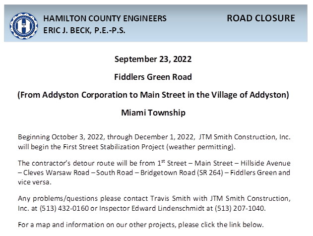 road closure announcement for October 3rd through December 1st